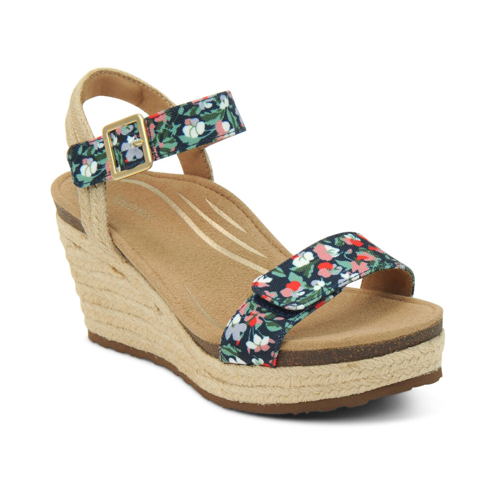 Aetrex Women's Sydney Quarter Strap Espadrille Wedge Sandals - Floral | USA V6US6QZ